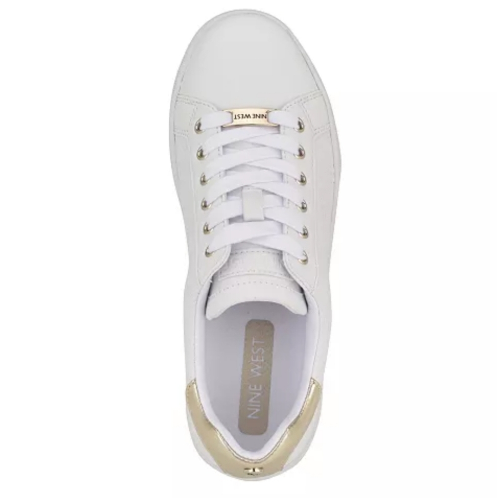 Nine West Women's Gatsby Round Toe Lace-Up Casual Sneakers White and Gold - Picture 4 of 9
